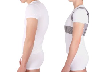 Pozisyon düzelticisi beyazda izole edildi. Duruşu bozuk, skolyoz hastası ve ideal bir duruşu olan bir adam. Beyaz arka planda kötü ve iyi duruşu olan bir adam.