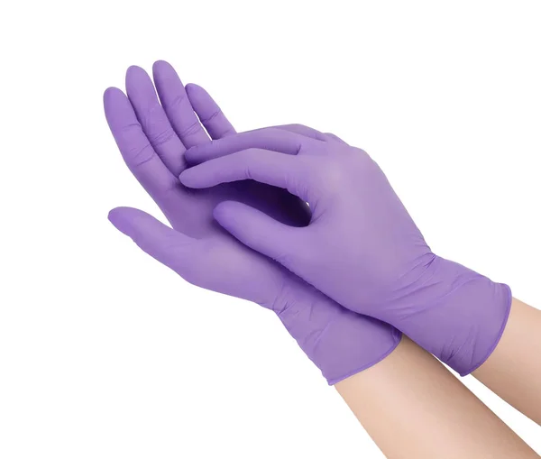 Sarung tangan medis. Dua sarung tangan bedah ungu diisolasi pada latar belakang putih dengan tangan. Karet sarung tangan manufaktur, tangan manusia mengenakan sarung tangan lateks. Dokter atau perawat memakai sarung tangan pelindung — Stok Foto
