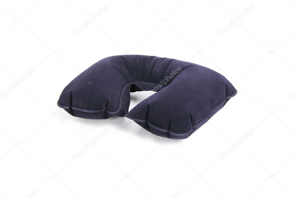 Neck Pillow isolated on white background. Blue u shape travel pillow. Top view of airplane or road inflatable device for long way trips to support you neck when sleeping