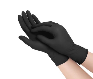 Tıbbi eldivenler. Beyaz arka planda elleri olan iki siyah cerrahi eldiven. Lastik eldiven üretimi, insan eli lateks eldiven giyiyor. Doktor ya da hemşire koruyucu eldiven takıyor.