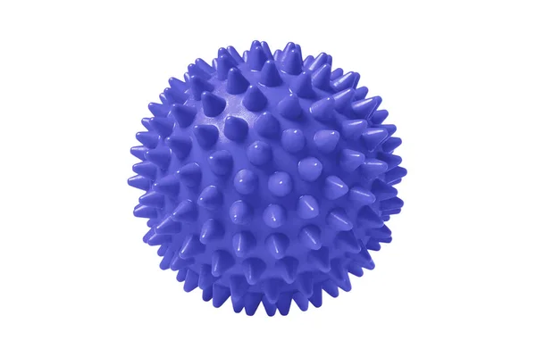 Boule de massage épineuse en plastique bleu isolée sur blanc. Concept de physiothérapie ou de fitness. Gros plan d'une boule de caoutchouc colorée pour dents de chien sur un fond de couleur blanche. Modèle du virus Corona — Photo