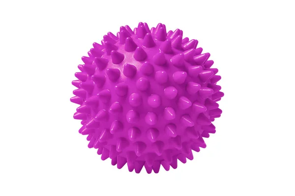 Roze plastic stekelige massagebal geïsoleerd op wit. Concept van fysiotherapie of fitness. Close-up van een kleurrijke rubberen bal voor hond tanden op een witte achtergrond. Corona virus model — Stockfoto