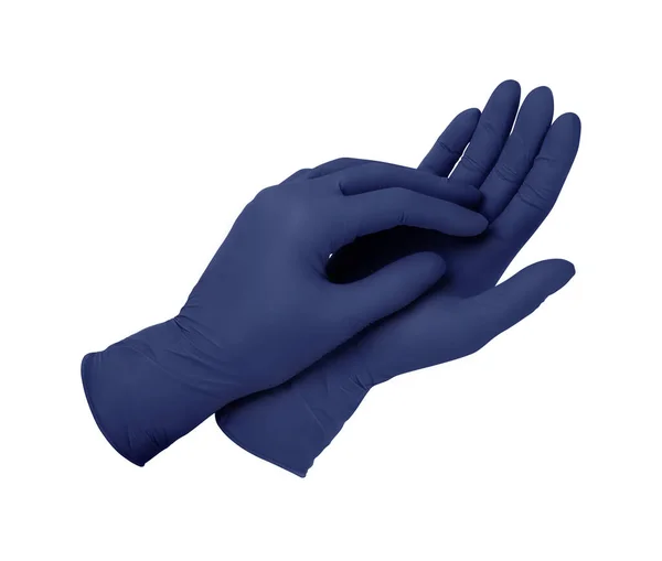 Medizinische Handschuhe. Zwei blaue OP-Handschuhe isoliert auf weißem Hintergrund mit Händen. Gummihandschuhherstellung, menschliche Hand trägt einen Latex-Handschuh. Arzt oder Krankenschwester ziehen Schutzhandschuhe an — Stockfoto