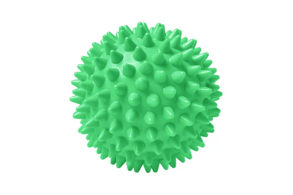 녹색 플라스틱 가시가 있는 마사지 공 이 흰색으로 분리되어 있어요. 물리 치료나 건강 관리에 대한 개념. 하얀 배경에 있는 개 이빨을 위한 화려 한 고무공을 감는다. 코로나 바이러스 모델 — 스톡 사진
