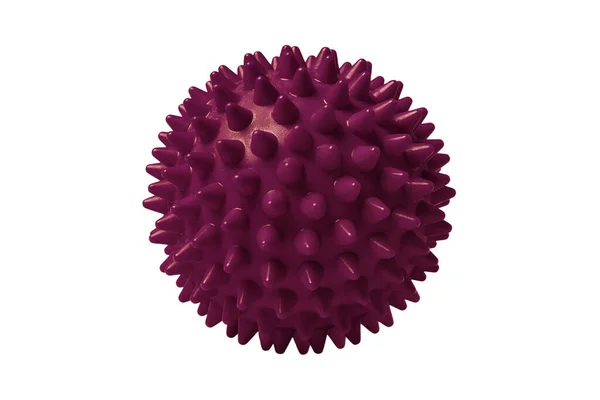 Red plastic spiny massage ball isolated on white. Concept of physiotherapy or fitness. Closeup of a colorful rubber ball for dog teeth on a white color background. Corona virus model — Stock Photo, Image