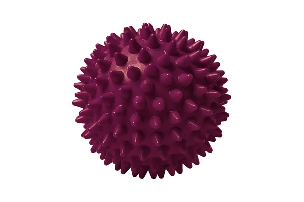 Bola de masaje espinosa de plástico rojo aislada en blanco. Concepto de fisioterapia o fitness. Primer plano de una bola de goma colorida para dientes de perro sobre un fondo de color blanco. Modelo de virus Corona —  Fotos de Stock