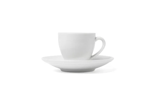 Copa blanca aislada sobre fondo blanco. Taza de café de cerámica o taza de té para beber de cerca. Finge utensilios de porcelana clásicos —  Fotos de Stock