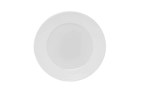 Beyaz arka planda beyaz plaka var. Mutfak yemekleri, mutfak, porselen bulaşık takımı. Tablo tasarımı ögesi. Üst görünüm — Stok fotoğraf