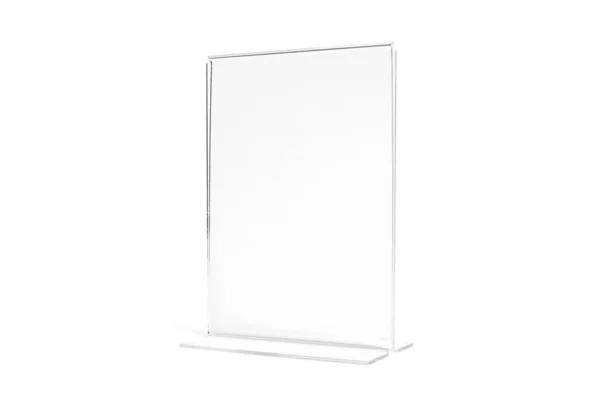 Vertical transparent desk display isolated on white background. Advertising trade stand banner. Mock Up Template. Front view. Table tent menu holder T shaped A4 or A5 format. Plastic ad plate — Foto de Stock