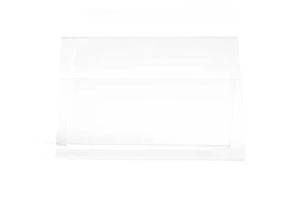 Vertical transparent desk display isolated on white background. Advertising trade stand banner. Mock Up Template. Front view. Table tent menu holder T shaped A4 or A5 format. Plastic ad plate — Foto de Stock