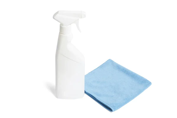 Spray bottle with cleaning napkin isolated on white background. Eco cleaning concept, surface wiping with absorbent tissue sign, spray and absorbent cloth. Liquid gel — стоковое фото