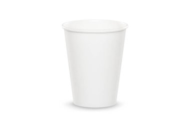 Kahve, çay, çikolata ve diğer sıcak içecekler için plastik beyaz bardak. Kağıt parti kupası modeli. Tek kullanımlık bardaklar hazır. Tasarımınız için bardakları ön görünüm ve boşluk çıkarın