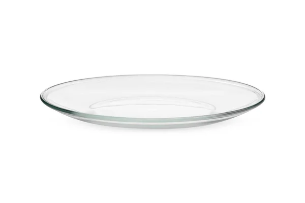 Beyaz arka planda izole edilmiş cam kase ya da tabak. Boş bir şeffaf bardağın yakın görüntüsü. Camdan plaka, 3D model, karıştırma kabı, parlak tabak. Yan veya ön görünüm — Stok fotoğraf