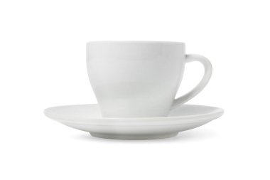 Beyaz arka planda izole edilmiş çay fincanı ve çay tabağı. Seramik kahve fincanı ya da fincanı kapat. Klasik porselen çatal bıçaklar. Beyaz üzerine damgalama için boş seramik kupa modelleme şablonu