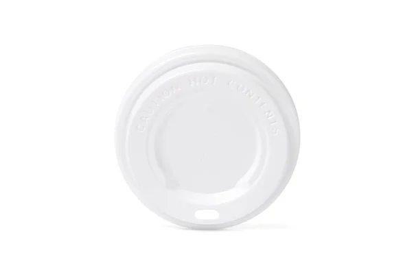 Plastic disposable top coffee cap lid isolated on white. Blank white disposable coffee cup lid mock up lying top view, 3d rendering. Empty drinking mug mock-up. Clear plain tea take away package — ストック写真