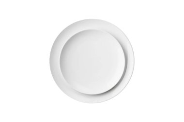 Two white plates of different sizes isolated on white background. Top view. Set of round plates one in one.