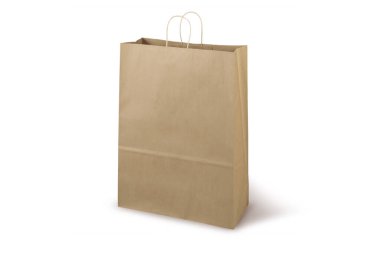 Beyaz arka planda küçük bir paket şablonu izole edilmiş. Stand-up çanta yan görüş paketi. Kahverengi alışveriş çantası modeli. Alışveriş, reklam ve markalaşma için paket