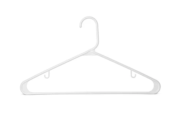 Cabide branco vazio isolado em um fundo branco. Espaço de cópia potencial acima e dentro cabides de roupas. Casaco cabide de perto — Fotografia de Stock