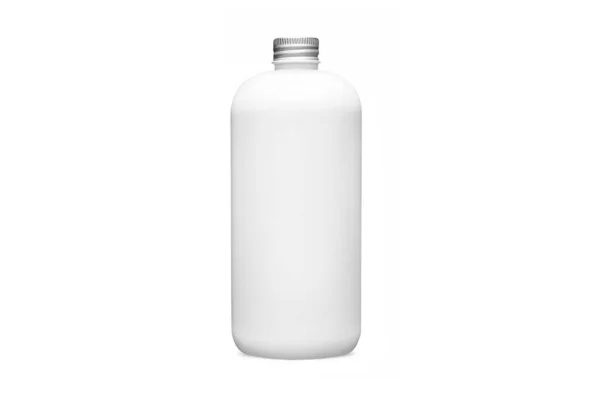 Bottiglia bianca con tappo in alluminio metallico isolato su fondo bianco. Bottiglia cosmetica con dispenser contenitore liquido per gel, lozione, bagno schiuma 3D illustrazione realistica mockup. Pompa per igienizzanti — Foto Stock