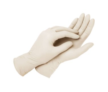 Tıbbi eldivenler. Beyaz arka planda elleri olan iki beyaz cerrahi eldiven. Lastik eldiven üretimi, insan eli lateks eldiven giyiyor. Doktor ya da hemşire koruyucu eldiven takıyor.
