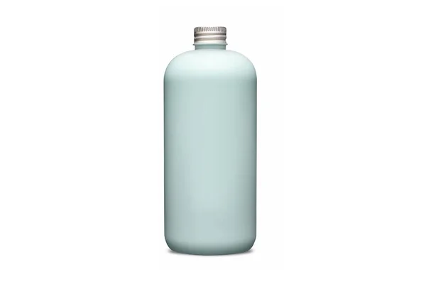 Botella azul con tapa de aluminio metálico aislada sobre fondo blanco. Botella cosmética con dispensador contenedor líquido para gel, loción, baño de espuma 3d ilustración maqueta realista. Bomba desinfectante — Foto de Stock
