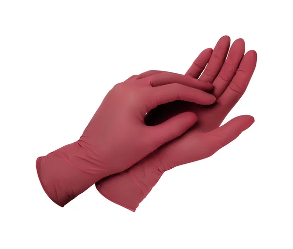 Rękawiczki. Dwie czerwone rękawice chirurgiczne odizolowane na białym tle dłońmi. Wytwarzanie gumowych rękawic, ludzka ręka nosi lateksową rękawicę. Lekarz lub pielęgniarka zakładający rękawice ochronne — Zdjęcie stockowe