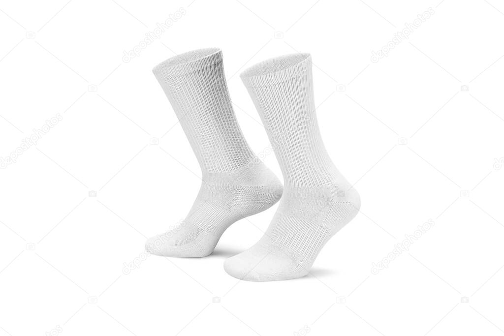 Pair of white cotton socks isolated on white. Set of short socks for sports as mock up and label for advertising, logo, branding