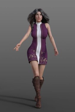 Üç boyutlu iri göğüslü, çekici bir kadın kendinden emin bir şekilde yürüyor, elleri büyü pozisyonunda, 60 'lı yaşlarda kısa bir elbise ve diz boyu kahverengi çizmeler giyiyor. İzole edilmiş arka planda uzun esmer saçlı şehir fantazisi kız..