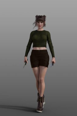 Üç boyutlu çekici esmer kadın iki hançer tutuyor; koyu yeşil uzun kollu kesme kazak, kahverengi bilek çizmeleri ve koyu kahverengi kalçalı etek giyiyor. Tecrit edilmiş genç yetişkin, şehirli fantezi kızı.