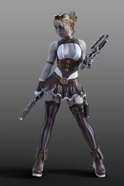 Sarışın dişi uzaylı fantezi savaşçı tabancaları, google 'ları, elbisesi, bilekleri, kol bantları, botları, çorapları ve tabanca kılıfı var..