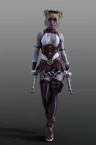 Blonde female Alien fantasy warrior with revolvers, googles, dress, wrist and arm bands, boots, stockings and gun holster.