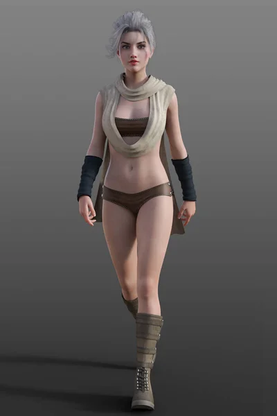 Silberhaarige Galaktische Kämpferin Ranger Mädchen Fuß Pose — Stockfoto