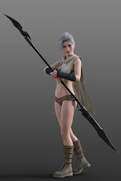 Silver Haired Female Galactic Fighter Ranger Girl Double Headed Spear — Stock Photo, Image