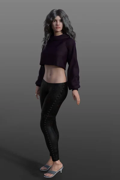 Esmer, esmer, esmer ve esmer bir kızın üç boyutlu resmi, koyu mavi bir kazak, siyah pantolon ve gri kumlar giyiyor. Şehir fantezisi, uzun siyah saçlı, huysuz genç bir kadın..