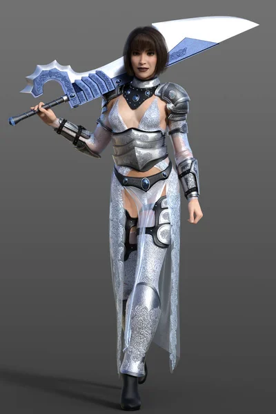 3D render of sexy fantasy female warrior with standing pose, carrying large fantasy sword; wearing sheer dress and armor with a sharp brunette bob hairstyle on isolated background.