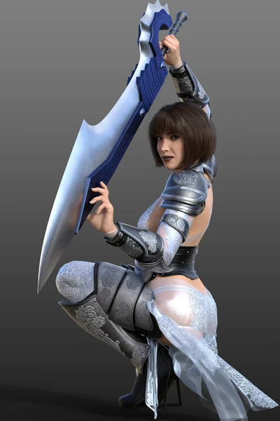 3D render of sexy fantasy female warrior crouching, carrying large fantasy sword; wearing sheer dress and armor with a sharp brunette bob hairstyle on isolated background.