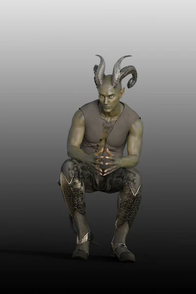 3D render of Green skinned demon in  a sitting pose with fingers almost touching. Double honed with tail; wearing trousers, boots and waist coat. Fantasy render full body, front view, with homoured expression.