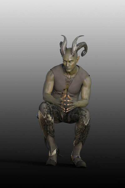 3D рендеринг зеленого кожаного демона в сидящей позе с пальцами, почти касающимися. Двойной с хвостом, в брюках, сапогах и пальто по пояс. Обнаженное тело, вид спереди, с выражением лица.