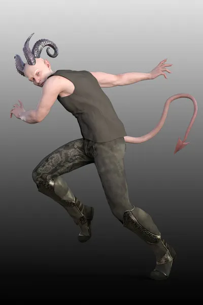 Üç boyutlu soluk tenli yakışıklı iblis koşuyor. Kuyruklu çift boynuzlu; pantolon, bot ve yelek giyiyor. Fantezi görüntüleme tüm vücut, kenar görünüm.