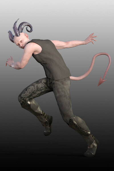 3D визуализация бледной кожи красивого демона в бегущей позе. Двойной рогатый с хвостом, в брюках, сапогах и пальто по пояс. Полный кузов, вид сбоку.