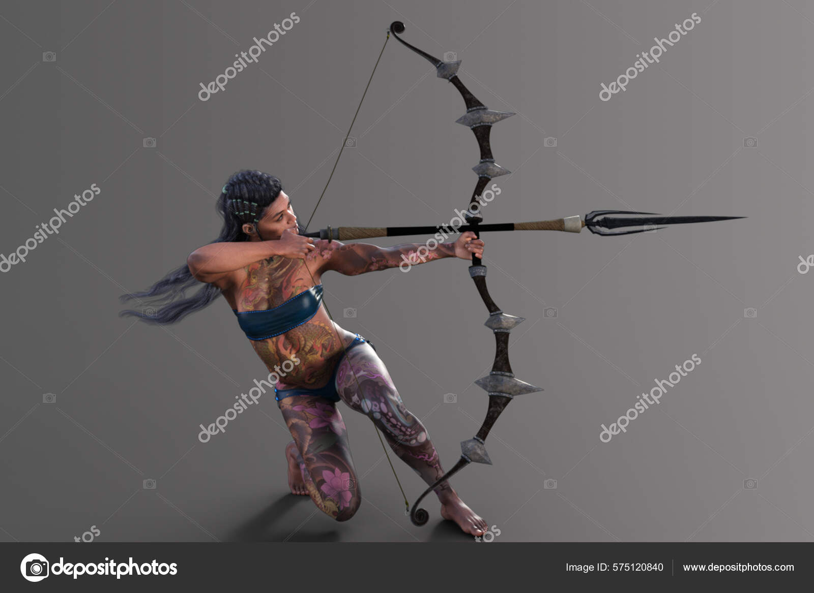 弓と矢の大きなポーズでカラフルな入れ墨で覆われた女性射手 孤立した