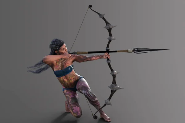 Female Archer Covered Colourful Tattoos Posing Large Bow Arrow Wearing — Stock Photo, Image