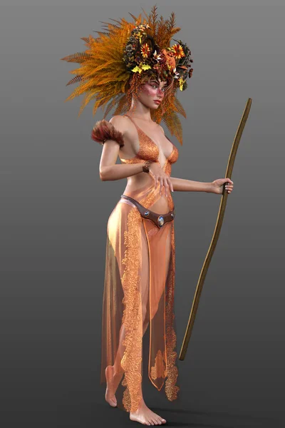 秋の女王は花冠を身に着け 木製のスタッフは焦げオレンジ色の薄いドレス — ストック写真