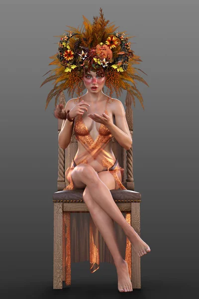 Őszi Királynő Virágkoronával Ült Fából Készült Széken Égetett Narancssárga Színben — Stock Fotó
