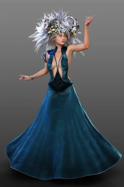 Kış Kraliçesi çiçek tacıyla poz veriyor kraliyet mavisi elbisesi giyiyor.