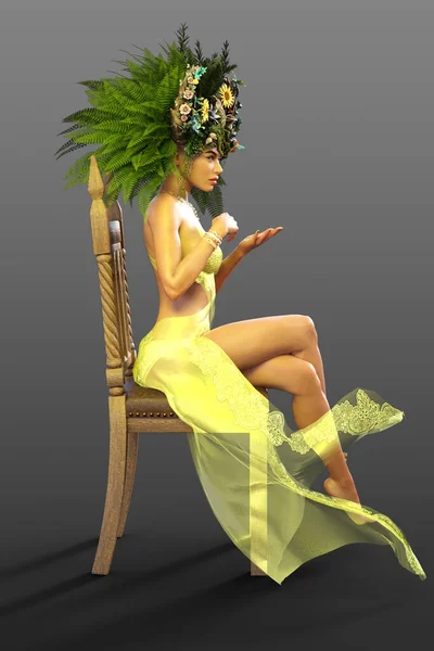 Çiçekli tacı olan yaz kraliçesi, sarı şeffaf elbiseli sandalyede oturuyor..