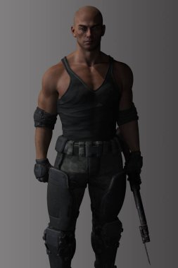 Tıraşlı asker, taktik saldırı kıyafeti giyiyor.