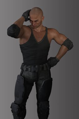 Tıraşlı asker, taktik saldırı kıyafeti giyiyor.