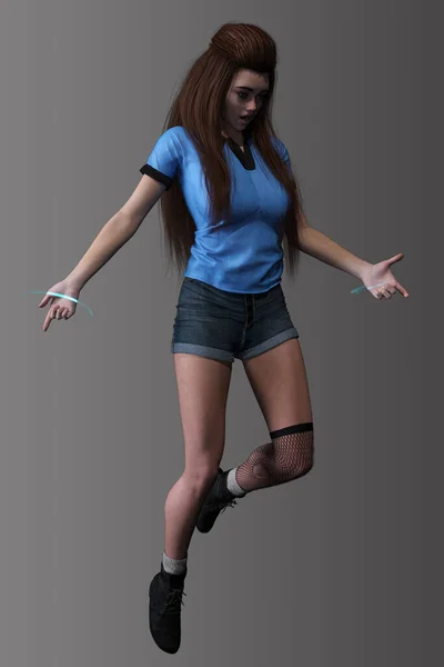 Urban Fantasy Woman Denim Shorts Blue Polo Shirt Spell Pose — Stockfoto