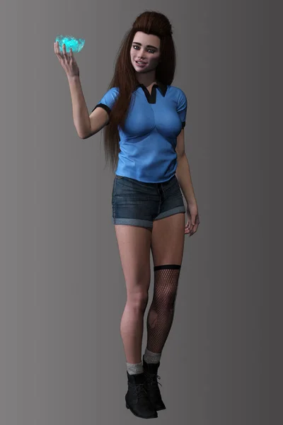 Urban Fantasy Woman in Denim shorts and Blue polo-shirt with Blue orb